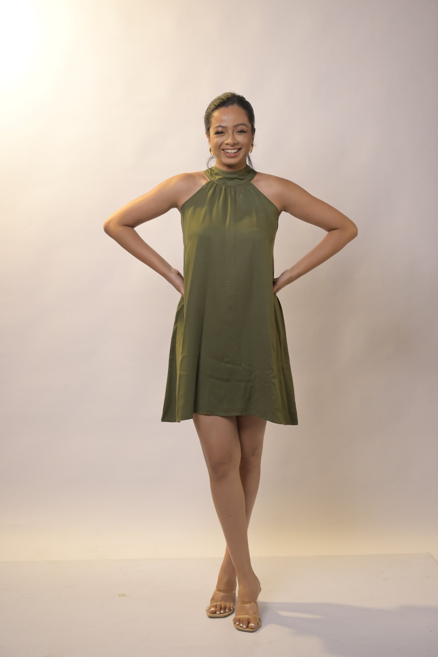 Twill Halter Dress- Olive