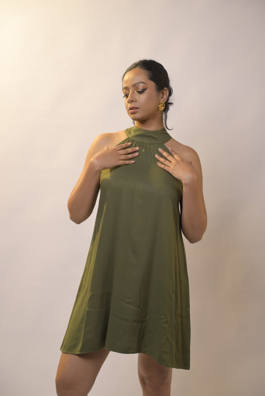 Twill Halter Dress- Olive