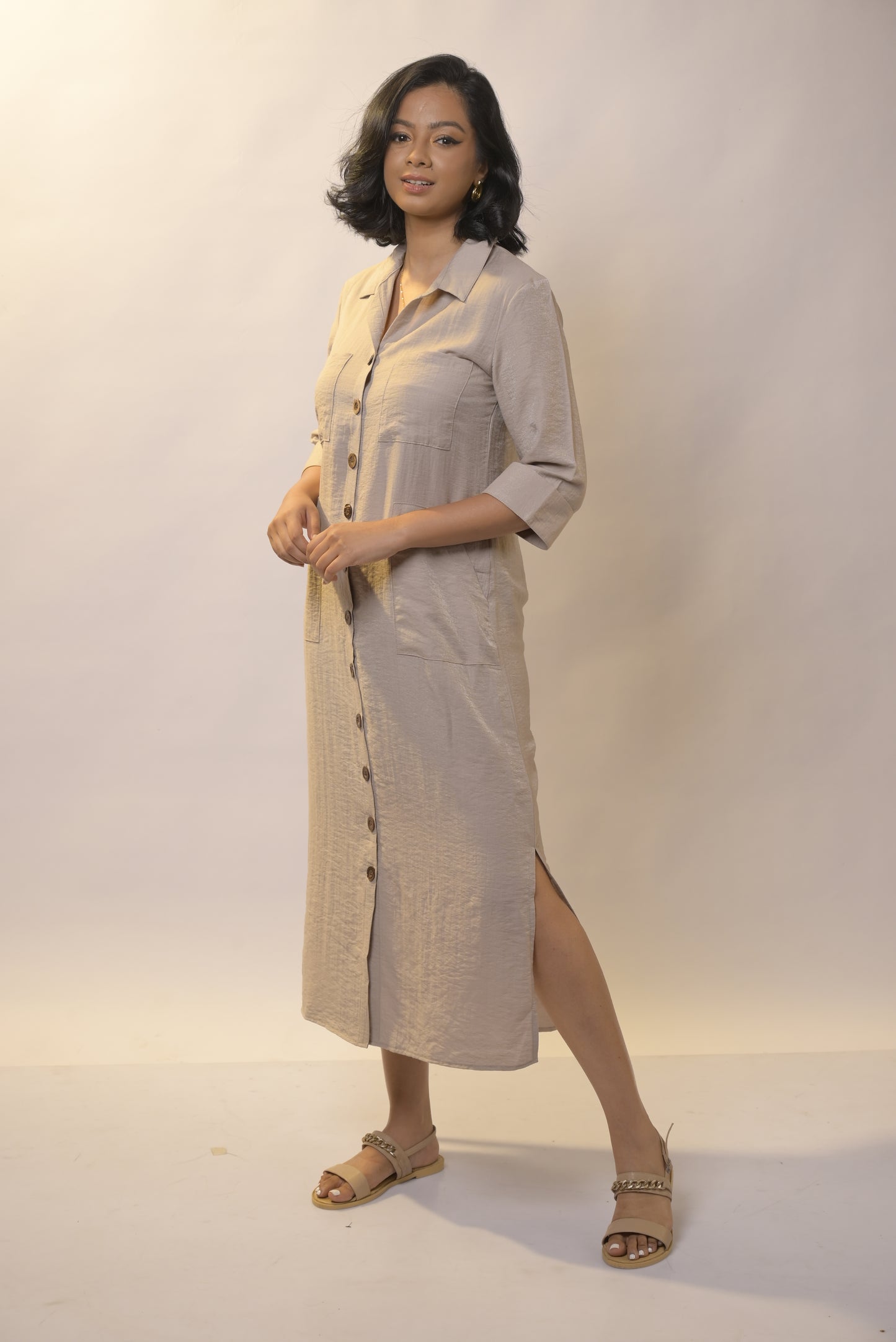 Linen Shirt Dress- Brown