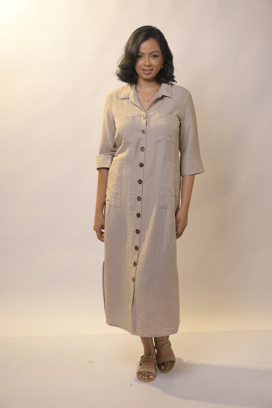 Linen Shirt Dress- Brown